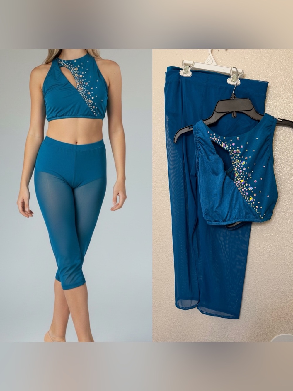Kelle dance solo costume teal blue 2 piece custom rhinestone MA-Medium adult